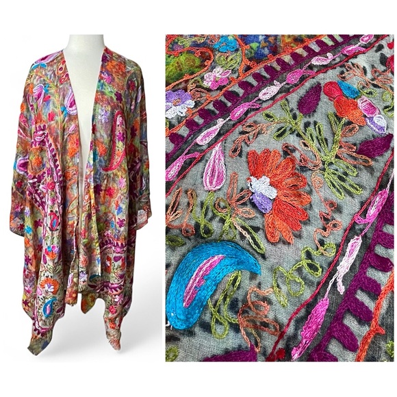 Anu Art to Wear Colorful Embroider Floral Paisley Shawl Wrap Boho Oversize OS - Picture 1 of 11